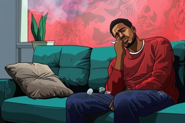 Fototapeta premium A man is seen sitting on a couch, smoking a cigarette, Young African American man sitting on the couch at home and coughing, AI Generated