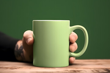 Green Mug Mockup on a Wooden background, Mug mockup template