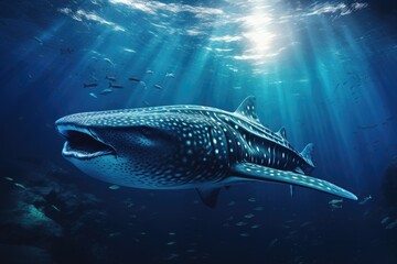 Fototapeta premium A majestic whale gracefully glides through the ocean surrounded by a multitude of fish, Whale shark is a big fish in the sea, AI Generated