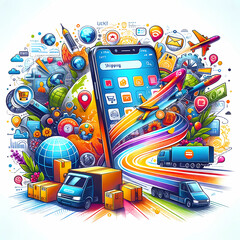 illustrations depicting the concept of online shopping and shipping through a mobile app.