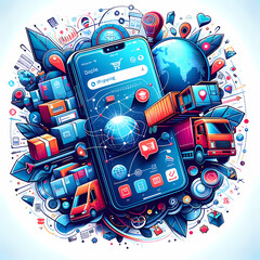illustrations depicting the concept of online shopping and shipping through a mobile app.