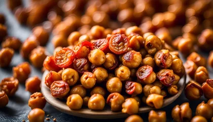 Poster Im Rahmen Spicy crispy roasted chickpeas with paprika, curry and hot chili pepper, selective focus. Tasty vegetarian and vegan chickpea snack.  © JohnLee