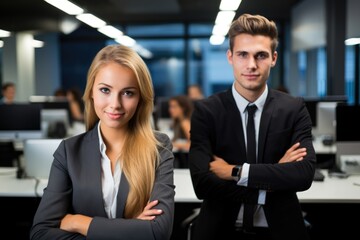 A man and a woman standing side by side in a modern, well-lit office space, representing teamwork and productivity, Young business people in office, AI Generated
