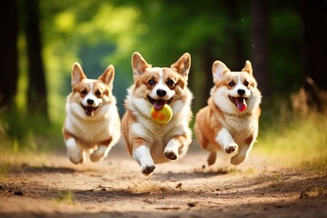 Two Welsh corgi dogs running with a ball, Energetic dogs running after a ball on a sunny day, AI generated