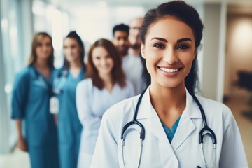 A team of healthcare professionals comprising doctors engage in discussions about patient care in a hallway setting, male doctor smiling and standing in a corridor, AI Generated