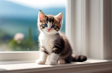 A small cute kitten sits on the windowsill near a large bright window