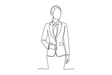 Neat woman wearing office suit. Professional work profession and uniform minimalist concept. Continuous line draw design graphic vector illustration