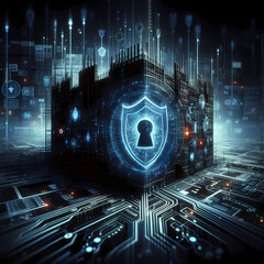  a powerful image symbolizing the concept of cybersecurity, portraying a digital fortress safeguarding against cyber threats, Generative Ai
