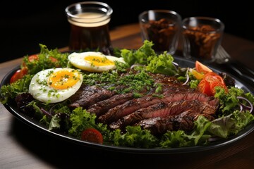 Yummy grilled beef steak, sliced and served with a green salad full of eggs! Delicious 