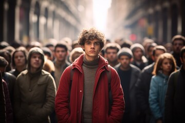 A man confidently stands before a massive crowd, captivating their attention as he delivers a speech, Young man on crowded street in movement standing out Concept of uniqueness, AI Generated