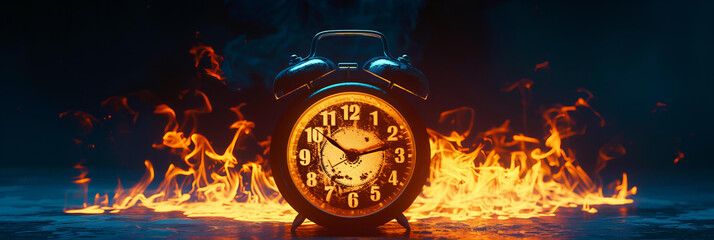 
Burning retro alarm clock isolated on background, neon glowing. as a metaphor for time that is running out