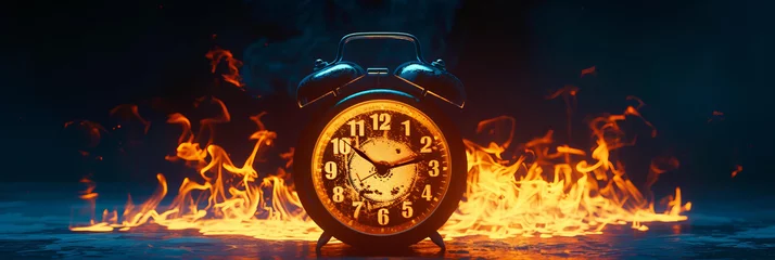 Fotobehang  Burning retro alarm clock isolated on background, neon glowing. as a metaphor for time that is running out © ALL YOU NEED studio