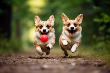 Naklejka na ściany i meble Two Welsh corgi dogs running with a ball in mouth, Energetic dogs running after a ball on a sunny day, AI generated
