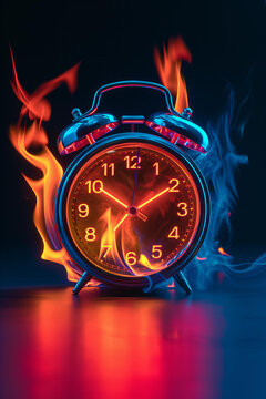 
Burning retro alarm clock isolated on background, neon glowing. as a metaphor for time that is running out