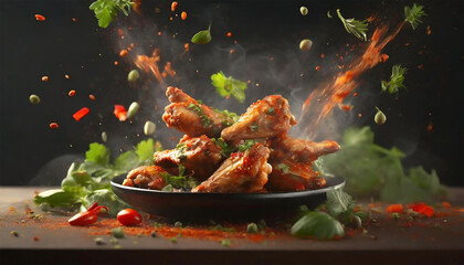 Buffalo BBQ or Spicy Sauce Chicken Wings - Freshly Boned with Flying Ingredients and Spices, Ready to Serve