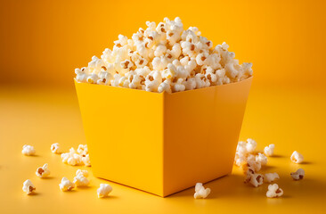 Yellow bucket with popcorn on a yellow background