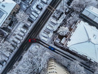 Aerial view of Bucharest City in winter season. Drone Aerial view over Bucharest city. Snowy day...