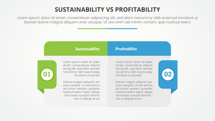 sustainability versus profitability comparison opposite infographic concept for slide presentation with big box table with header and badge on side with flat style