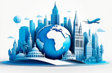 Abstract image of planet earth surrounded by skyscrapers, buildings and airplane, isolated on white