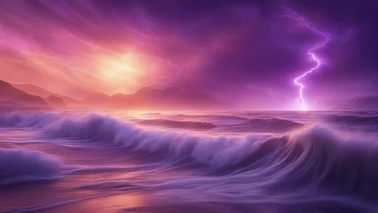 Foto op Plexiglas sunset over the sea  A wavy background in shades of purple, creating a sense of mystery and magic. The waves are sharp  © Jared