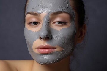 A woman wearing a gray mask on her face to protect herself and others, Young Woman Applying Clay Mask, AI Generated