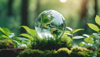 Obraz na płótnie Canvas Verdant Forest Surrounding a Glass Globe: Symbolizing Nature, Environment, Sustainability, ESG, and Climate Change Awareness
