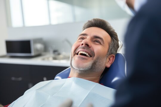A man sits in a dentist chair with a smile on his face while receiving a dental check-up and teeth cleaning, Young woman getting her teeth examined by dentist, AI Generated