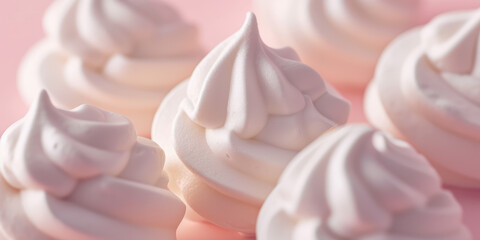 Classic Elegant Meringue Swirls on Pastel Background. Whipped meringue cookies in a soft swirl design, copy space.