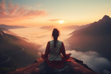 Obraz premium A woman sits atop a majestic mountain as the radiant colors of the sunset adorn the horizon, Young woman meditating at dawn on a mountain with panoramic views, AI Generated