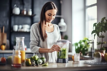 In this photo, a woman can be seen preparing a delicious and nutritious smoothie using a blender, Young woman making healthy smoothie with blender in kitchen, AI Generated