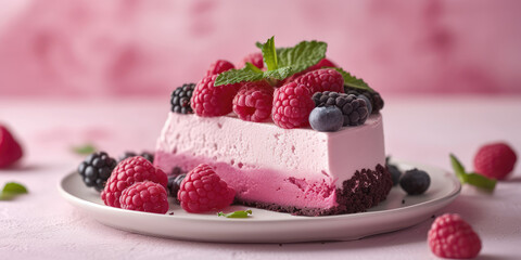 Wild Berry Mousse Cake with Fresh Garnish on Elegant Setting. Sumptuous berry mousse cake topped with fresh berries on pastel backdrop.
