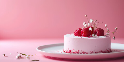 Berry Mousse Cake with Fresh Garnish on Elegant Setting. Sumptuous berry mousse cake topped with fresh berries on pastel backdrop.