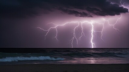 Naklejka na ściany i meble lightning over the sea A lightning storm over the ocean creates a stunning scene of nature power and beauty.