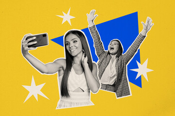 Creative collage illustration of young woman blogger recording video at night club party with her friend isolated on yellow background - Powered by Adobe