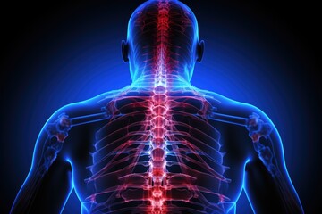 A detailed image capturing the back of a mans neck, illustrating the presence of neck pain, Lower and upper back pain highlighted in blue and red, AI Generated