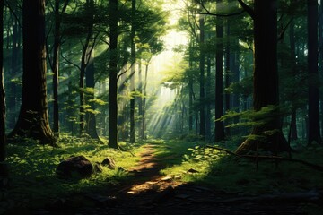 Naklejka premium A peaceful path winds through the dense forest, providing a serene escape into nature, Lush green forest at sunrise, hyper realistic, AI Generated