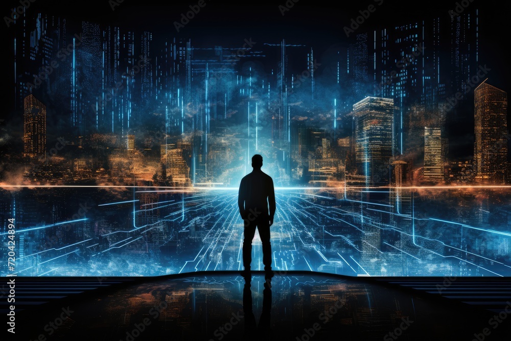 Poster back view of businessman looking at night cityscape and binary code concept, silhouette of a person 