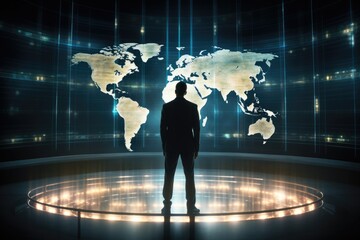 Businessman standing with back and looking at digital world map over night city, Little girl and donkey in the field at sunset. Happy childhood concept, Side view of cute girl, AI Generated