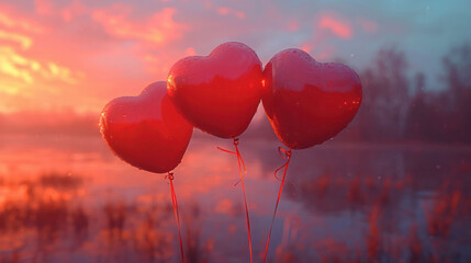 hyper realistic of heart balloons floating on a sunset background. vibrant color palette, focusing on shades of red and pink. Emphasize joyful and romantic atmosphere with balloons gently floating.