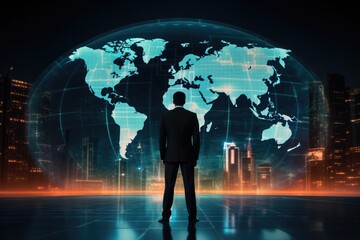 Rear view of young businessman standing in server room with world map, Little girl and donkey in the field at sunset. Happy childhood concept, Side view of cute girl kissing donkey, AI Generated