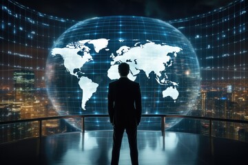 Rear view of young businessman standing in server room with world map, Little girl and donkey in the field at sunset. Happy childhood concept, Side view of cute girl kissing donkey, AI Generated