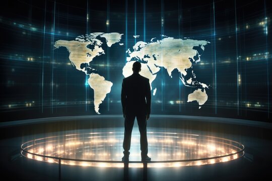 Businessman standing with back and looking at digital world map over night city, Little girl and donkey in the field at sunset. Happy childhood concept, Side view of cute girl, AI Generated