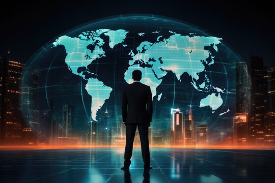 Rear view of young businessman standing in server room with world map, Little girl and donkey in the field at sunset. Happy childhood concept, Side view of cute girl kissing donkey, AI Generated