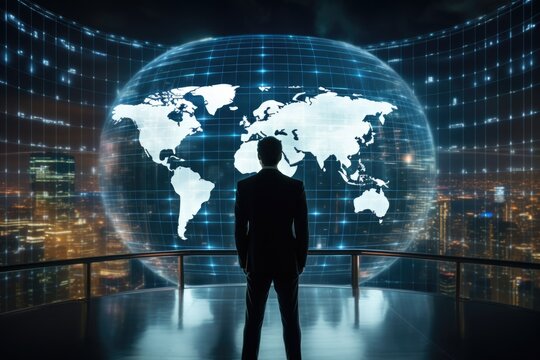 Rear view of young businessman standing in server room with world map, Little girl and donkey in the field at sunset. Happy childhood concept, Side view of cute girl kissing donkey, AI Generated