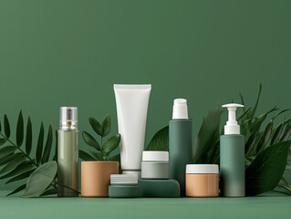 
a group of beauty products on a green background, in the style of clean lines, pure forms, lifelike renderings, nature-inspired imagery, plasticine, calming, precise detailing