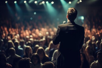 Man Stands in Front of Crowd as Speaker at Conference, Engaging Audience With Enthusiasm, Male Speaker Standing on Stage in front of audience on conference or business event, AI Generated - obrazy, fototapety, plakaty