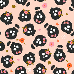 Fototapeta premium Black Skulls with Flowers Vector Seamless Pattern