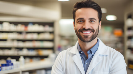 Obraz premium Pharmacist male with pharmacy shop background