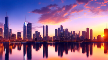 A scene of a city skyline during a vibrant sunset, with buildings illuminated.