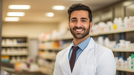 Pharmacist male with pharmacy shop background